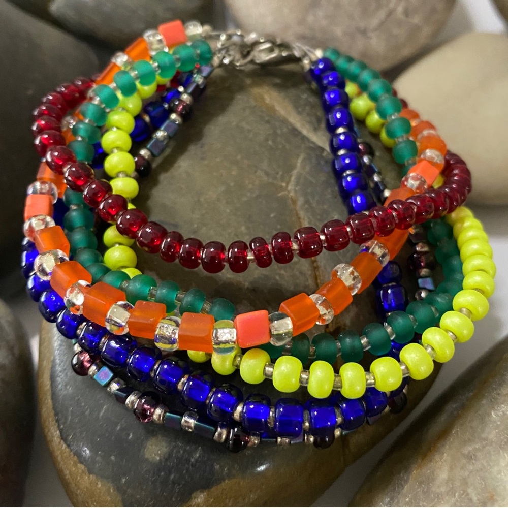 Handmade Rainbow Layered Multi Stand Glass Beaded Artisan Boho Bracelet